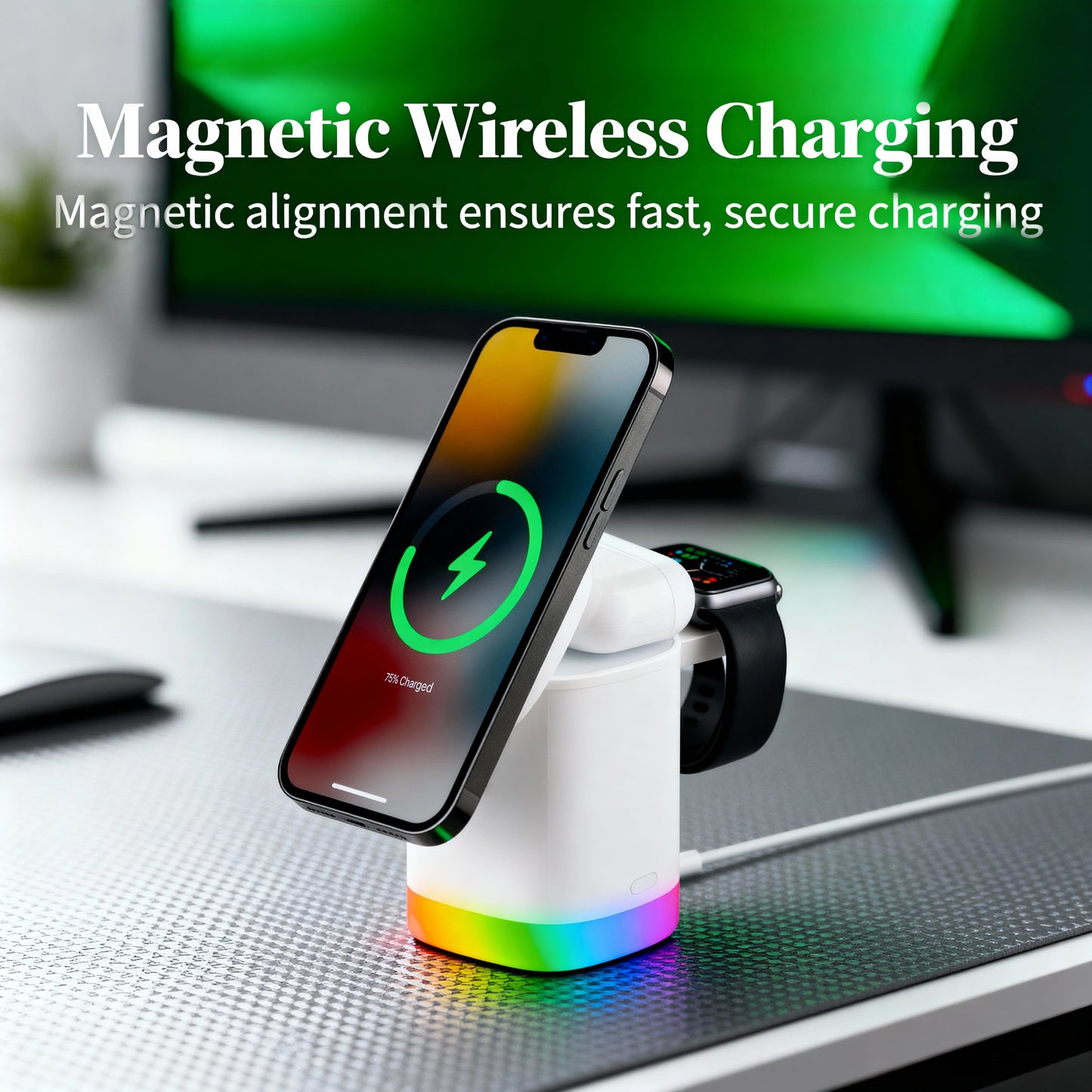 3-in-1 Mag-Safe Wireless Charging Station with Apple Watch and AirPods Dock